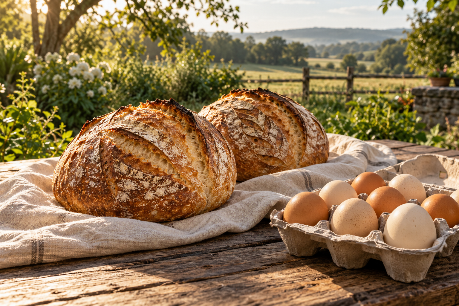 Golden sourdough loaves and a carton of eggs on a sunlit farm table